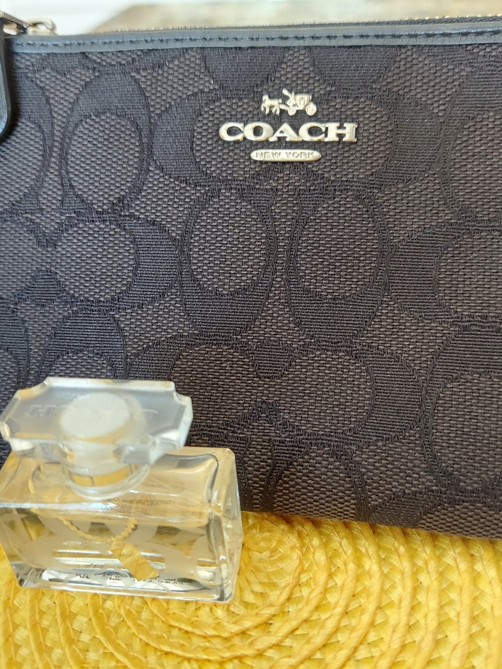 Authentic Coach Black Signature C Wristlet w/Silver Logo & .05 ML Coach Perfume.